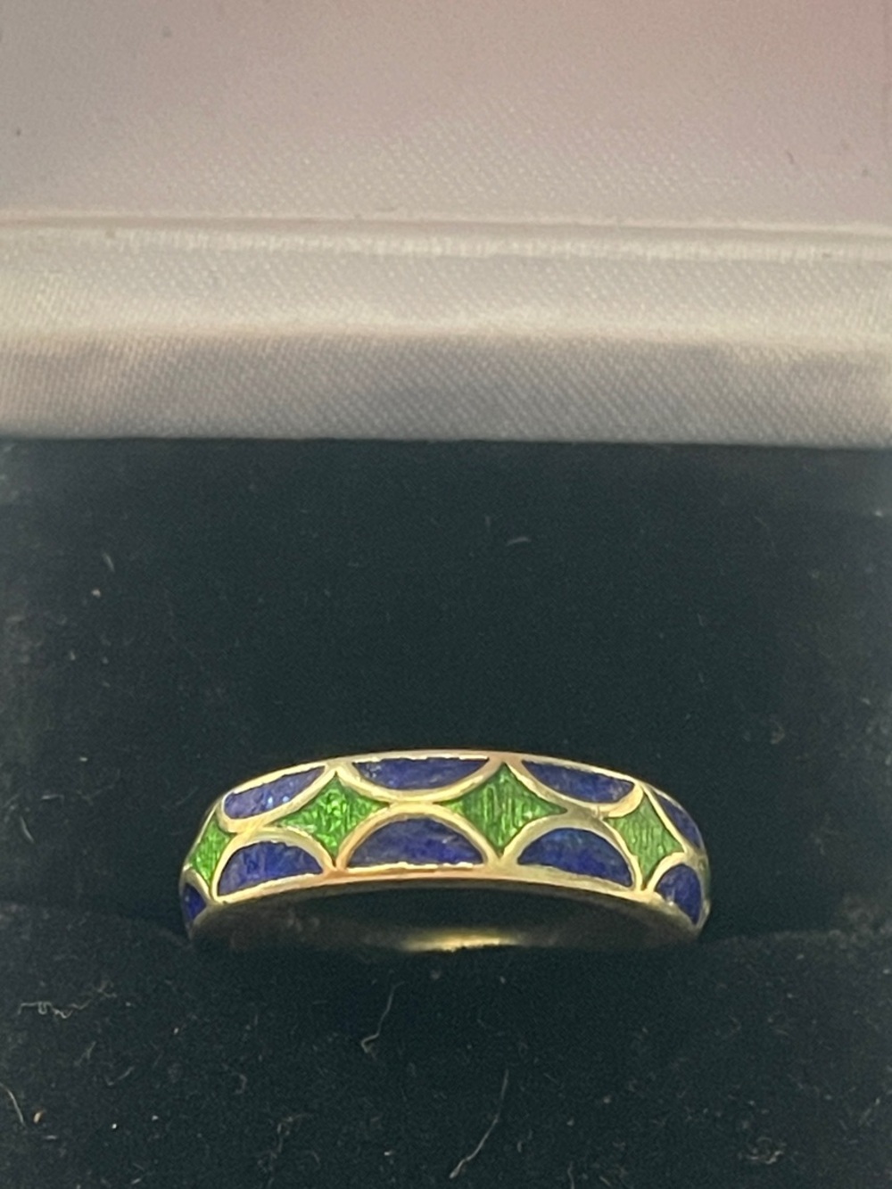 14k Gold Blue & Green Enamel Victorian Ring KJ mark size 7